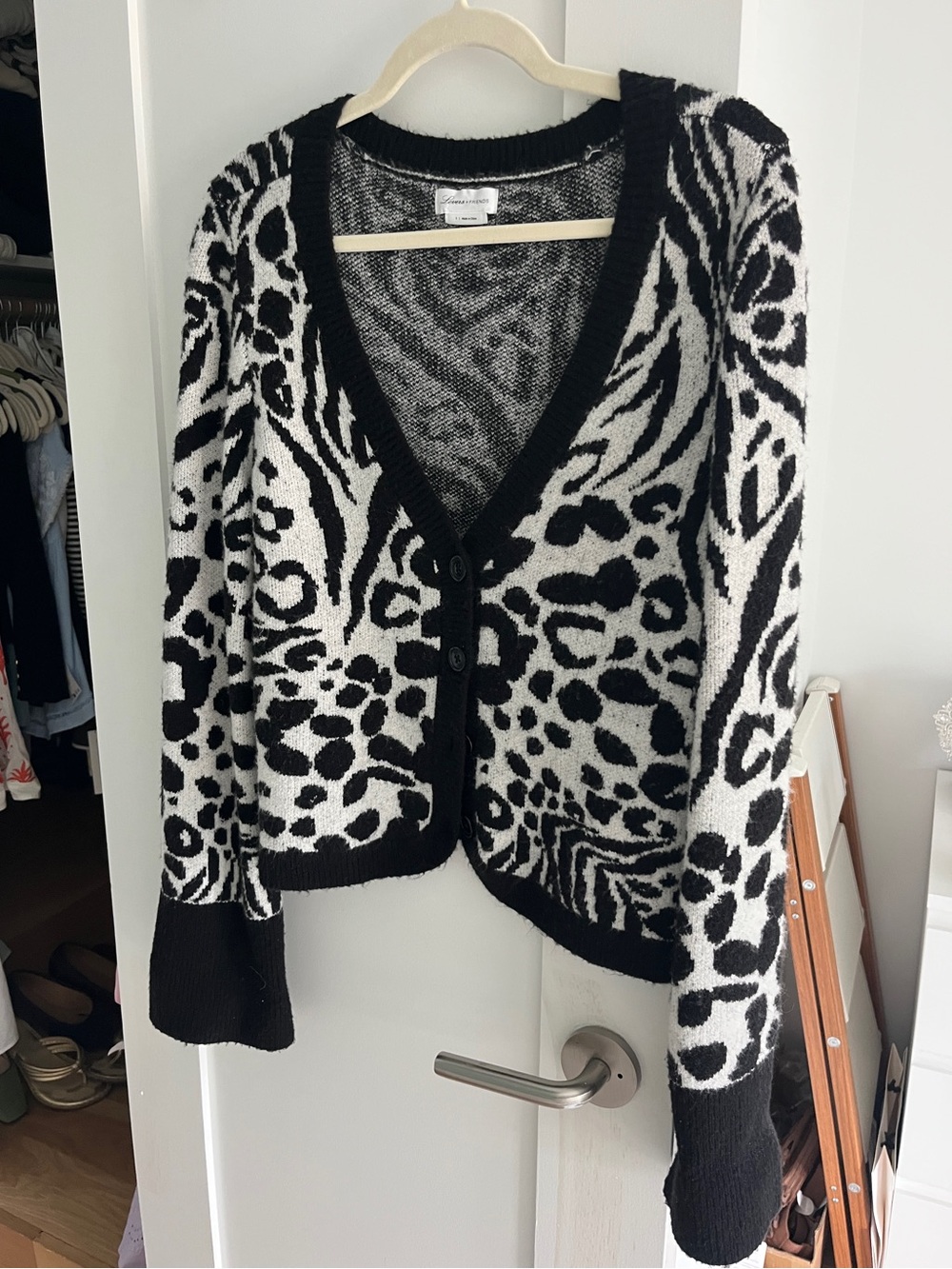 Lovers + Friends Black and White Animal-Print V-Neck Cardigan